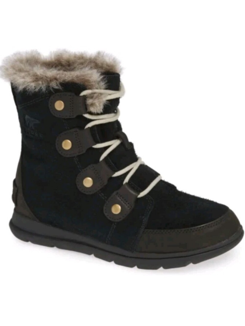Womens Sorel Explorer Joan Suede Black Faux-Fur Lace-Up Winter Boots Size 8.5